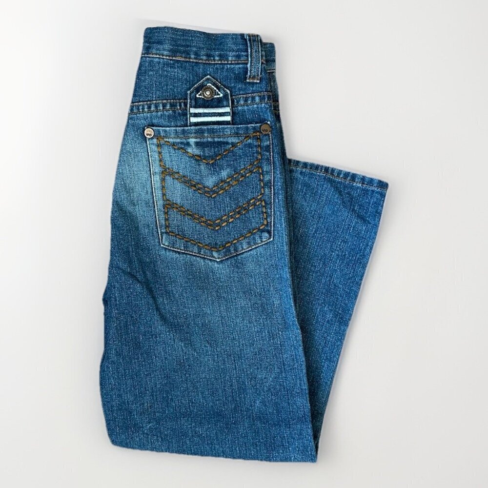 Makaveli Straight Leg Boys Size 12 Dark Wash Blue Denim Jeans Chevron Pockets